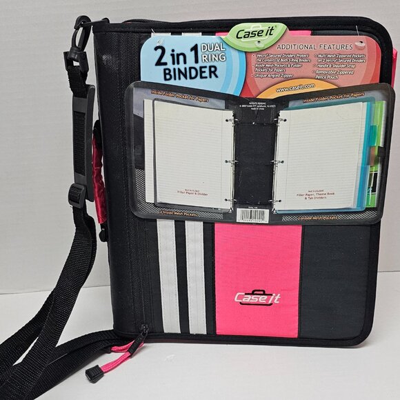 New Case It 2 in1 Dual 3 Ring Binder Dividers Mesh Pockets Folder Shoulder Strap - Picture 2 of 16